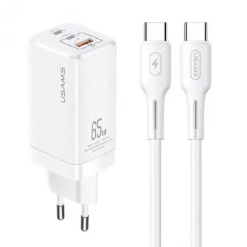 USAMS GaN 65W Cargador USB-C MTXLOGTC02 Blanco con cable USB-C de 100W
