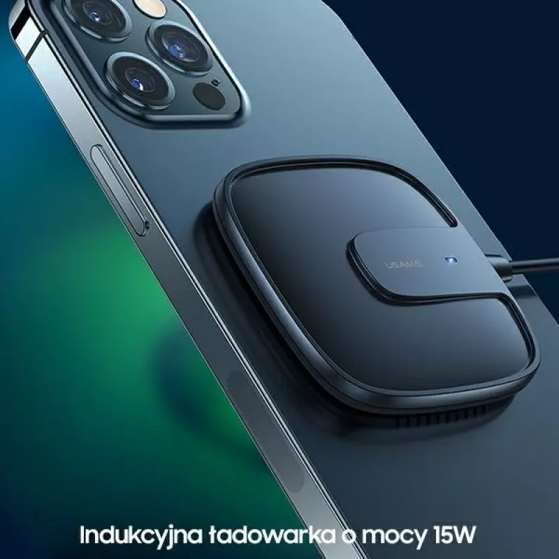 USAMS US-CD159 Cargador Inalámbrico Magnético 15W Extra Fino para iPhone 12 Serie Negro