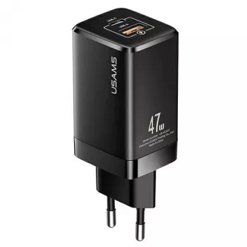 USAMS T41 GaN 47W Cargador Rápido USB-C+USB-A Enchufe EU Negro