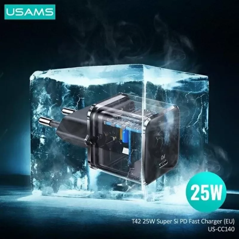 USAMS T42 Mini 25W Cargador Rápido USB-C PD3.0 (Solo Cabezal) Negro CC140TC01