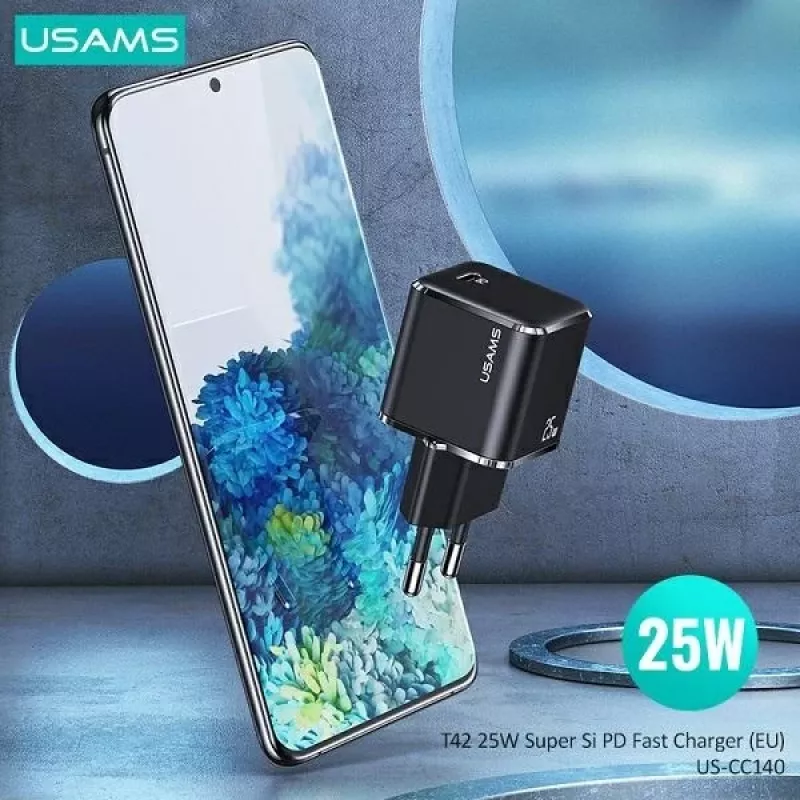 USAMS T42 Mini 25W Cargador Rápido USB-C PD3.0 (Solo Cabezal) Negro CC140TC01