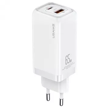 USAMS T47 65W PD Carga Rápida Cargador de Pared Super Si con 1x USB-C y 1x USB-A, Blanco (CC153TC02)