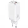 USAMS T47 65W PD Carga Rápida Cargador de Pared Super Si con 1x USB-C y 1x USB-A, Blanco (CC153TC02)