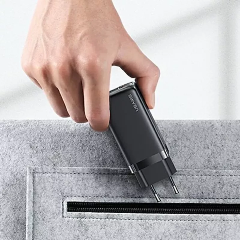USAMS T47 65W PD Carga Rápida Cargador de Pared Super Si con 1x USB-C y 1x USB-A, Blanco (CC153TC02)
