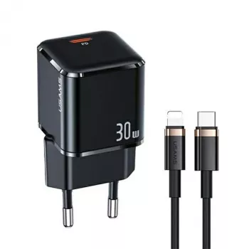 USAMS T45 cargador rápido 30W PD3.0 USB-C con cable U63 USB-C a Lightning, negro, UXTZH01