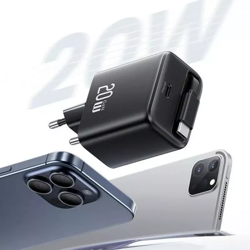 USAMS YC Series GaN 20W Fuente de Alimentación USB-C con Cable Retráctil, Carga Rápida PD+QC, Negro (US-CC233)