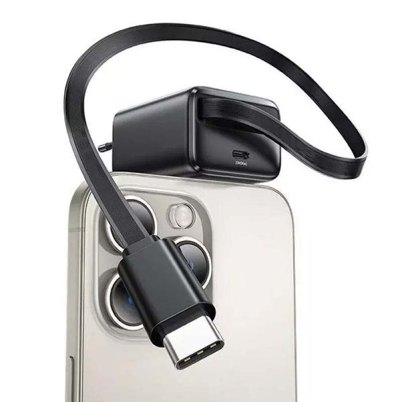 USAMS YC Series GaN 20W Fuente de Alimentación USB-C con Cable USB-C Retráctil, Carga Rápida PD+QC, Blanco (US-CC233)
