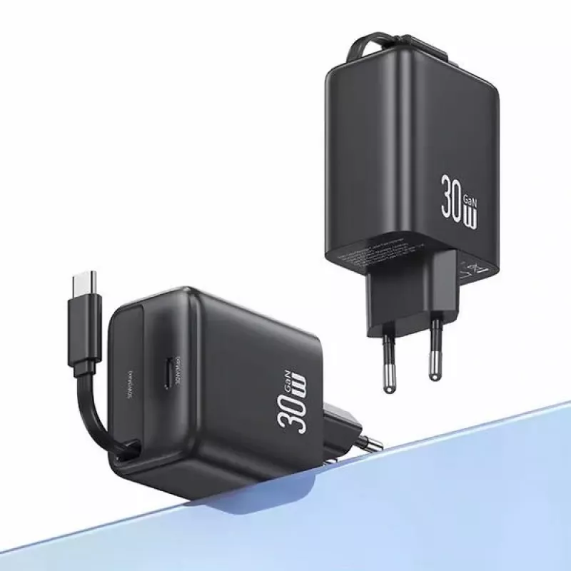 USAMS YC Series CC241TC01 30W Fuente de Alimentación GaN USB-C con Cable USB-C Retráctil, Carga Rápida PD+QC, Negro