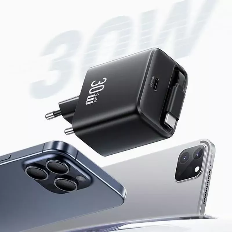 USAMS YC Series CC241TC01 30W Fuente de Alimentación GaN USB-C con Cable USB-C Retráctil, Carga Rápida PD+QC, Negro