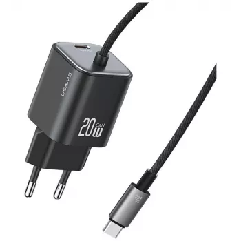 USAMS cargador rápido 20W GaN con cable USB-C, negro