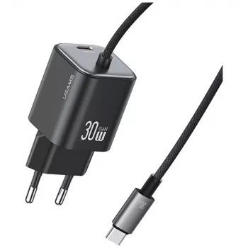 USAMS cargador rápido 30W GaN con cable USB-C (negro, enchufe EU)
