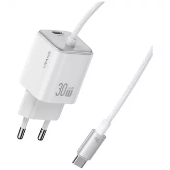 USAMS JC Series CC264 30W GaN Mini cargador rápido, USB-C con cable USB-C integrado, Blanco