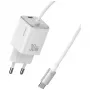 USAMS JC Series CC264 30W GaN Mini cargador rápido, USB-C con cable USB-C integrado, Blanco