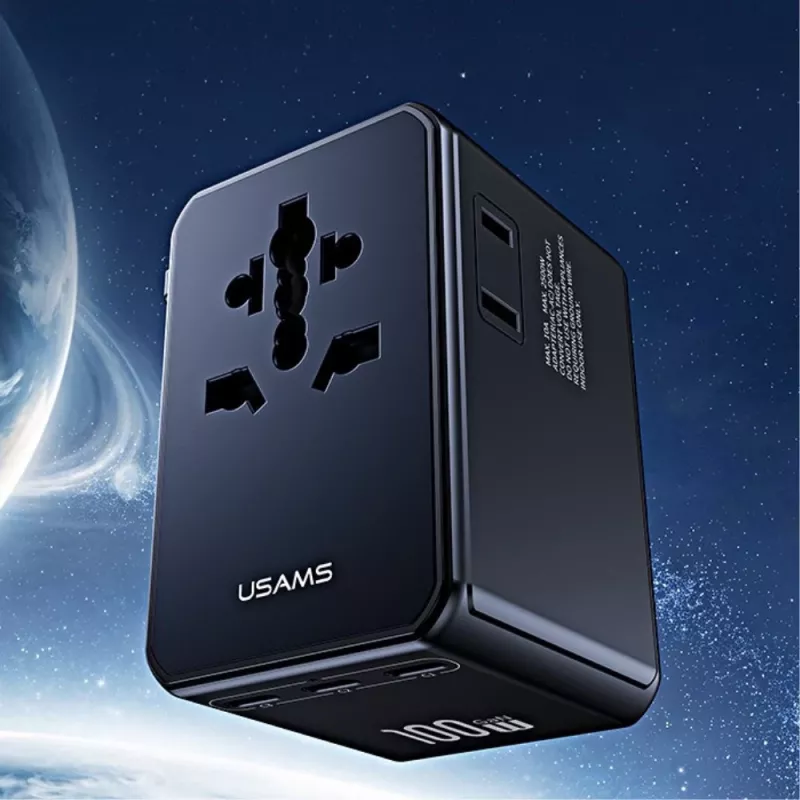 USAMS Cargador de viaje universal T72 65W GaN 4 en 1 US/AU/EU/UK Negro