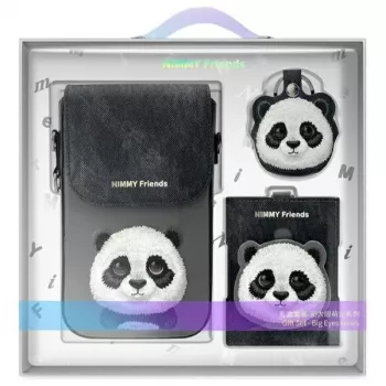 Nimmy set 3 en 1: funda para móvil + cartera + funda para rastreador, negro, Big Eyed Pet 2.0 Panda