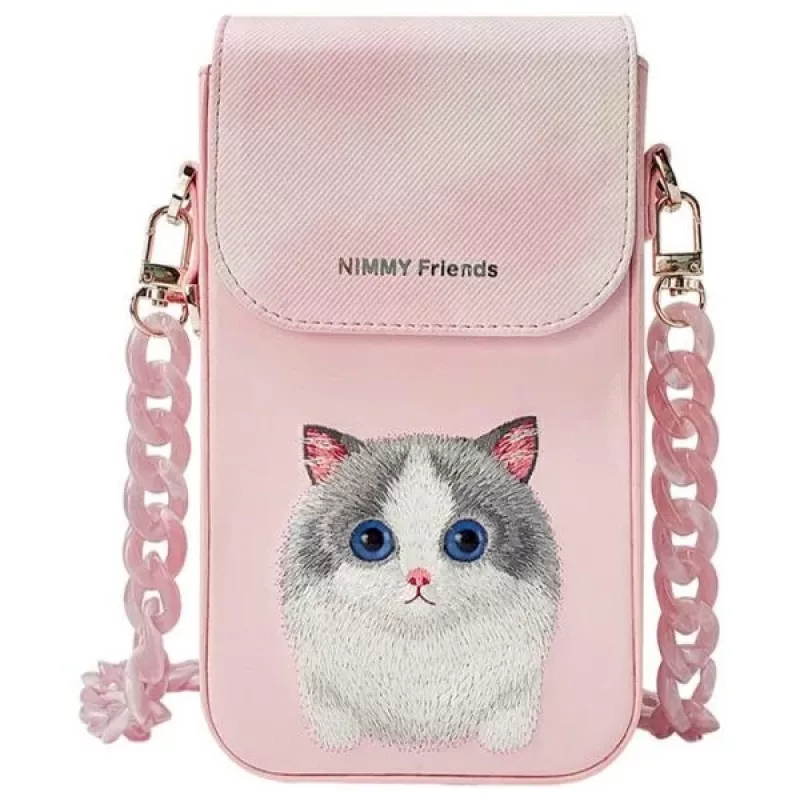 Nimmy set 3 en 1 de bolso cruzado para móvil, cartera y soporte para rastreador - rosa Big Eyed Pet 2.0 Cat