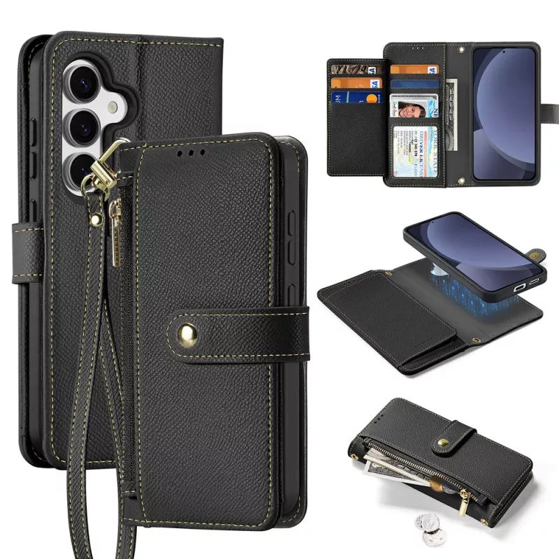 DUXDUCIS Funda Cartera de Piel Lawa para Samsung Galaxy S25+ con Monedero Magnético Extraíble - Negro