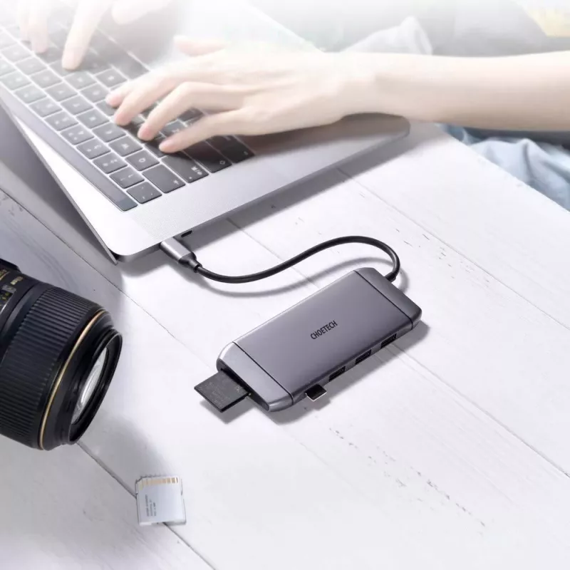CHOETECH Hub USB-C Multifunción 9 en 1 - 3x USB 3.2 Gen 1, Lector de Tarjetas SD/TF, HDMI 4K 30Hz, VGA Full HD 60Hz, USB-C PD, RJ45 Gigabit Ethernet, Gris (HUB-M15)
