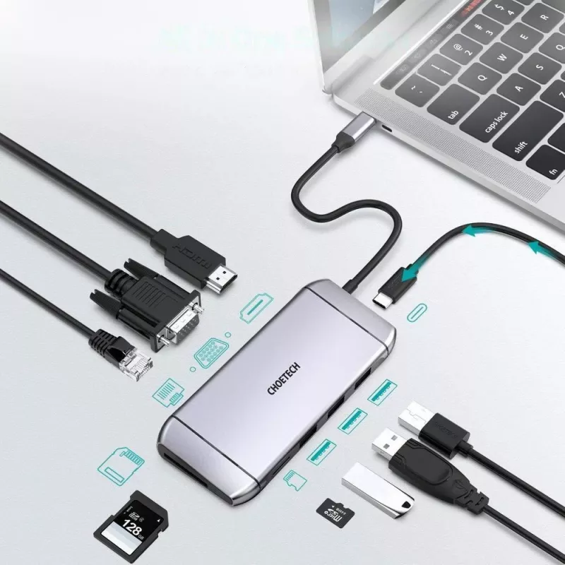 CHOETECH Hub USB-C Multifunción 9 en 1 - 3x USB 3.2 Gen 1, Lector de Tarjetas SD/TF, HDMI 4K 30Hz, VGA Full HD 60Hz, USB-C PD, RJ45 Gigabit Ethernet, Gris (HUB-M15)