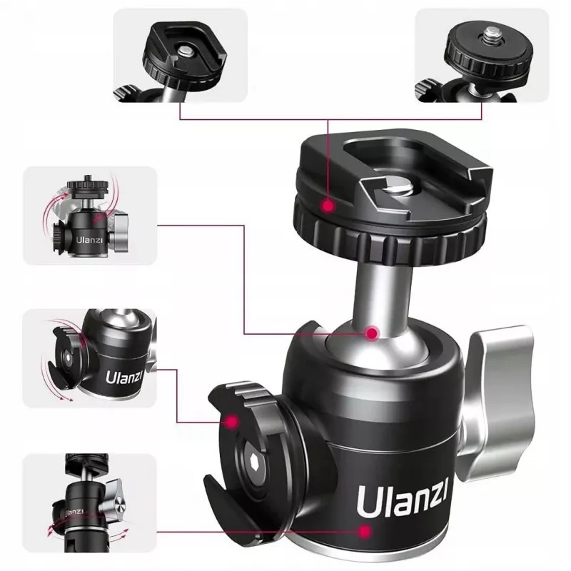 ULANZI U-60 Rótula mini con dos soportes de zapata en frío, rosca de 1/4 inch, aleación de aluminio, capacidad de carga 1,5 kg, negro