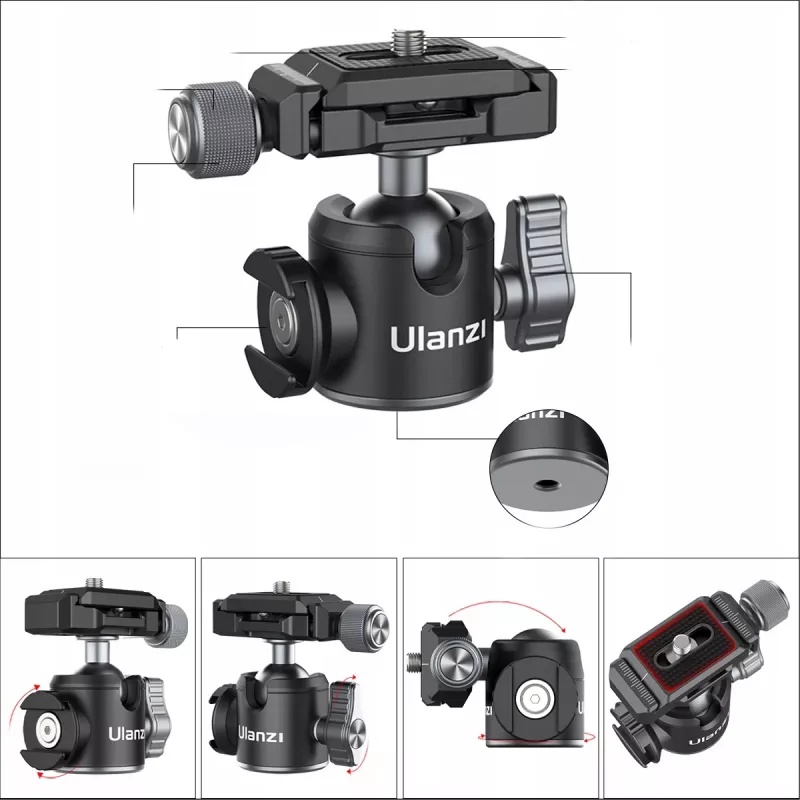 Ulanzi U-80L Rótula 3D con placa de liberación rápida Arca-Swiss, carga 20 kg, rotación panorámica 360°, negro
