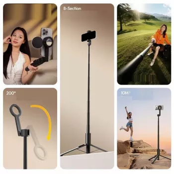 ULANZI SK27 Selfie Stick Trípode 2 en 1 con soporte magnético MagSafe, 165 cm de extensión, disparador remoto Bluetooth, Negro