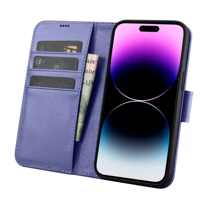 iCarer Wallet Case 2en1 para iPhone 14 Pro, funda tipo cartera de piel con bloqueo RFID, violeta claro (WMI14220726-LP)