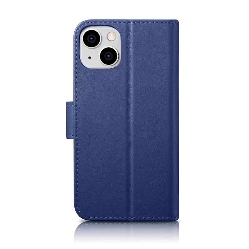 iCarer Wallet Case 2en1 para iPhone 14 Plus - funda tipo cartera de piel auténtica con bloqueo RFID, ranuras para tarjetas, soporte - azul