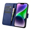 iCarer Wallet Case 2en1 para iPhone 14 Plus - funda tipo cartera de piel auténtica con bloqueo RFID, ranuras para tarjetas, soporte - azul