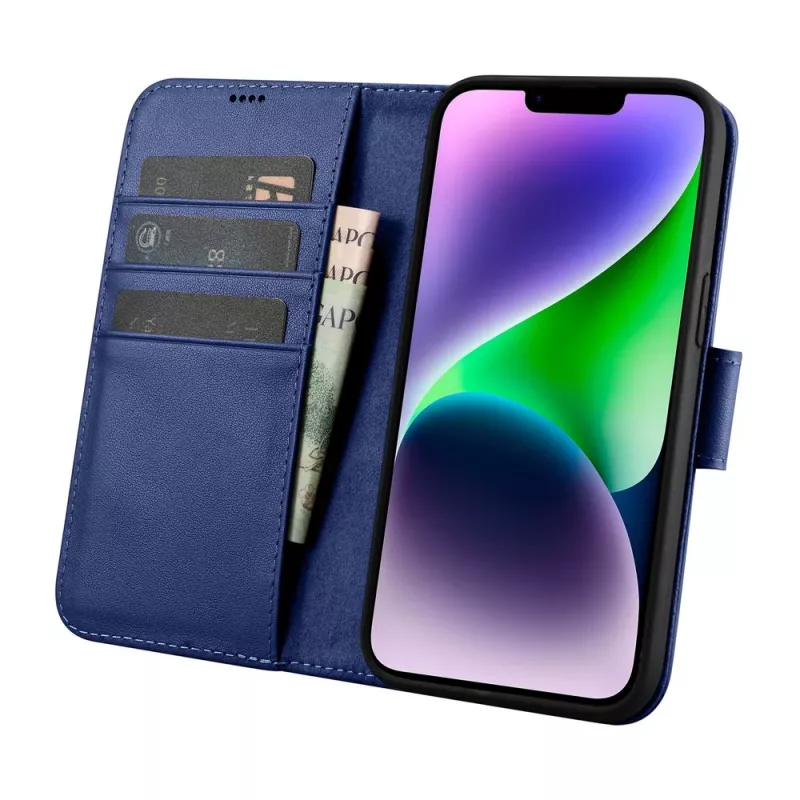 iCarer Wallet Case 2en1 para iPhone 14 Plus - funda tipo cartera de piel auténtica con bloqueo RFID, ranuras para tarjetas, soporte - azul