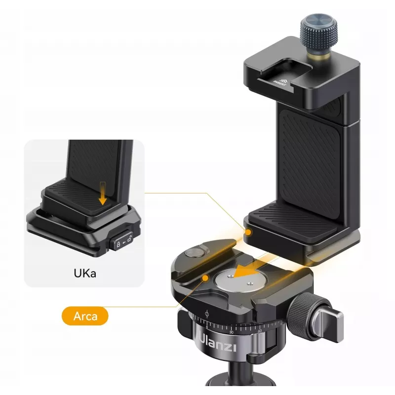 Soporte para teléfono Ulanzi MA33 con 2x monturas Cold Shoe y base Arca-Swiss