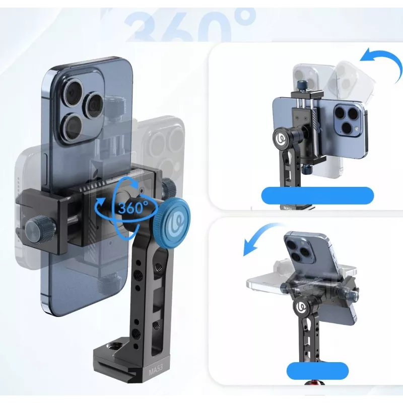 Soporte de trípode para teléfono Ulanzi MA53 360° con 2x Cold Shoe, Arca-Swiss, rosca de 1/4 de pulgada y 3/8 de pulgada
