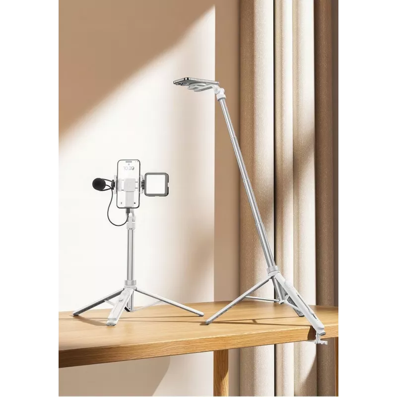 Trípode palo selfie Ulanzi TT88 con disparador remoto Bluetooth y luz de relleno, Blanco