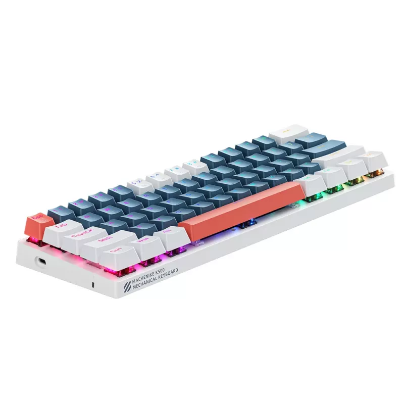Teclado mecánico gaming 60% MACHENIKE K500-B61, interruptores Outemu Blue, iluminación RGB, Azul/Blanco