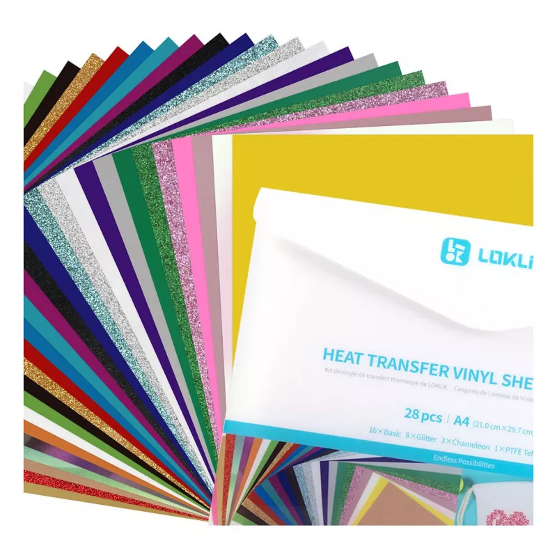 LOKLIK Pack de material de lámina para plotter (A4), vinilo termotransferible, 28 hojas, multicolor