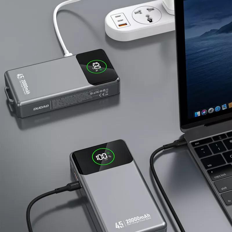 Batería externa Dudao K31 Pro 45W 20000mAh con cable USB-C retráctil integrado - Gris
