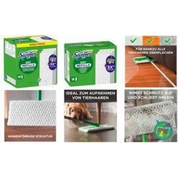 Swiffer Dry Refills paños de suelo 36 uds., atrapa 3 veces más polvo, suciedad y pelos, sin perfume, blanco