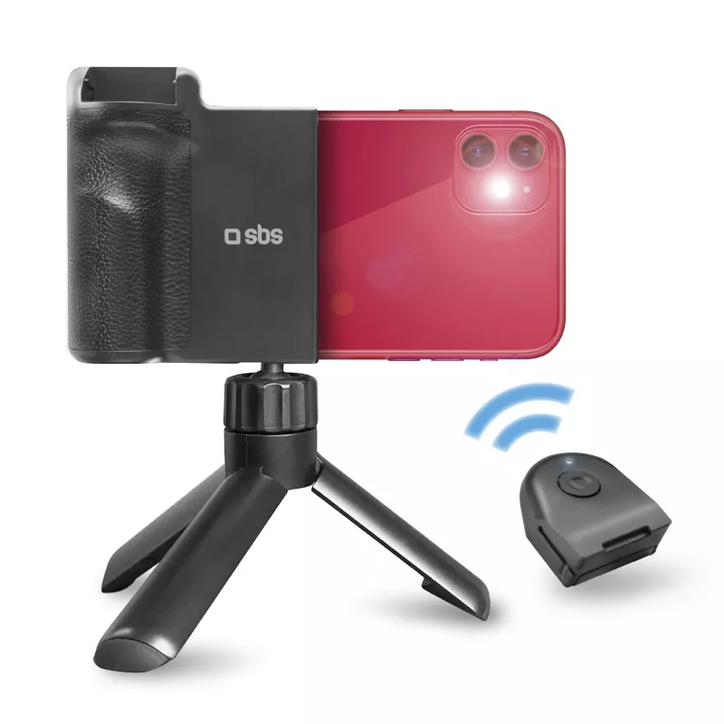 SBS Wireless Reflex Set Kit de vlogging para smartphone BT con mini trípode, disparador remoto Bluetooth y anillo de luz LED, Negro