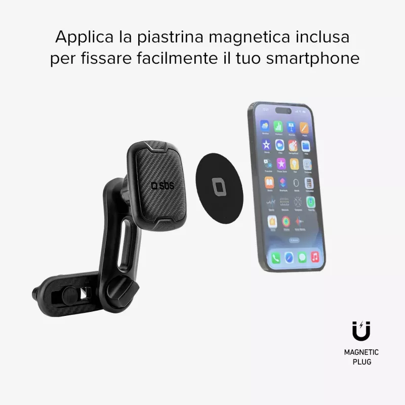 SBS Soporte magnético de doble clip para coche - Soporte universal para smartphone con fuertes imanes de neodimio, giro 360°, Negro