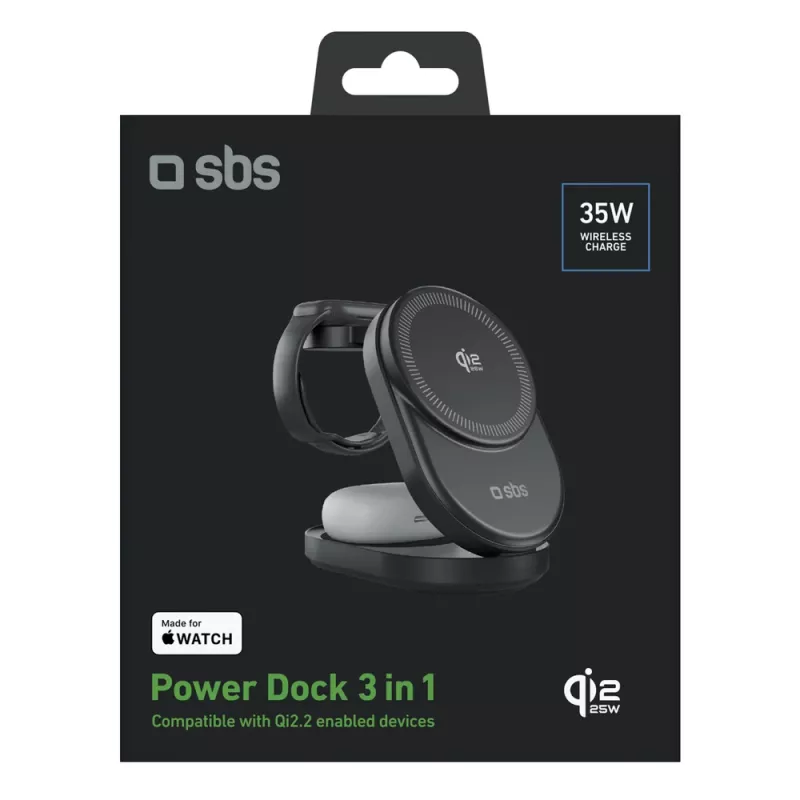 SBS Qi2.2 25W estación de carga inductiva 3 en 1 plegable con certificación MFI - Negro