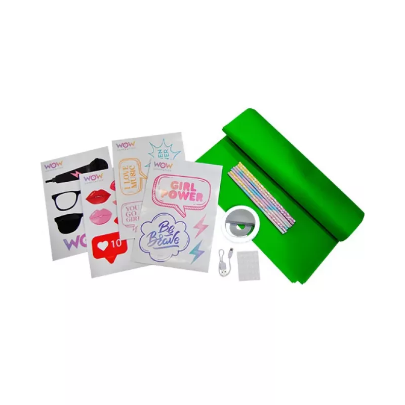 Aro de luz LED KIDS para móvil selfie vlog + set de accesorios pantalla verde 1,5x1 m Wow Generation / Wow00024