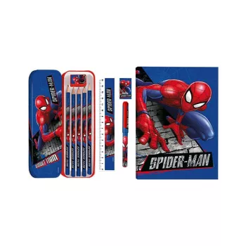 Set de papelería escolar 11 en 1 infantil Spider-Man con estuche, lápices de colores, cuaderno A5 y más