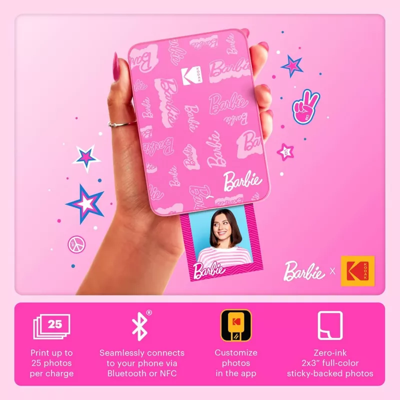 Impresora de fotos instantánea KODAK Step Slim Barbie - Bluetooth 5.0, tecnología ZINK Zero Ink, impresiones 2x3 inch, Barbie rosa