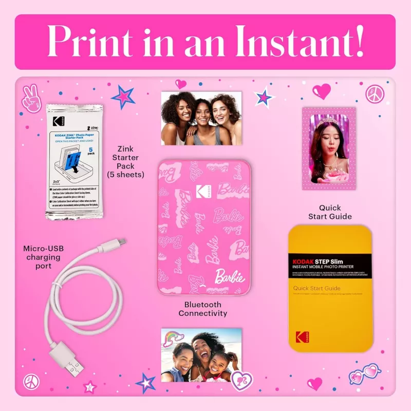 Impresora de fotos instantánea KODAK Step Slim Barbie - Bluetooth 5.0, tecnología ZINK Zero Ink, impresiones 2x3 inch, Barbie rosa