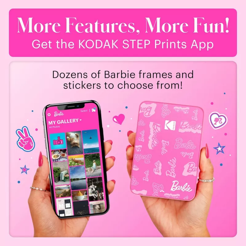 Impresora de fotos instantánea KODAK Step Slim Barbie - Bluetooth 5.0, tecnología ZINK Zero Ink, impresiones 2x3 inch, Barbie rosa