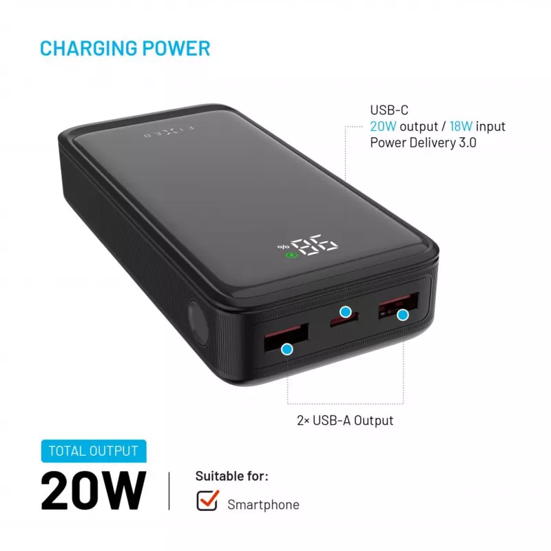 Fixed Zen2 20 Powerbank, 20000 mAh, PD 20 W, pantalla LCD, negro
