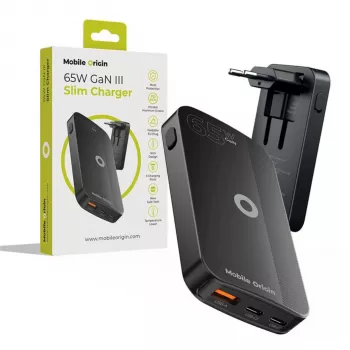 Mobile Origin Cargador de pared 65W GaN Slim Dual USB-C y un USB-A negro