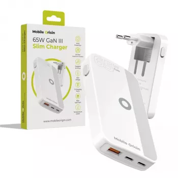 Mobile Origin Cargador de pared 65W GaN Slim Dual USB-C y un USB-A, blanco