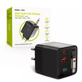 Mobile Origin Cargador GaN 65W USB-C con cable retráctil + USB-A 75cm