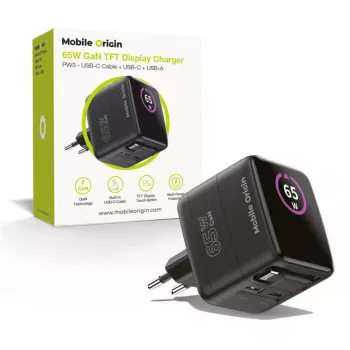 Mobile Origin Cargador GaN 65W PW3 USB-C con cable retráctil 65cm + USB-A Negro